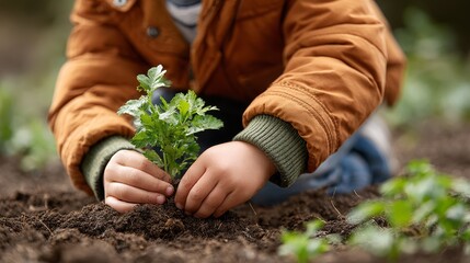 Gardener's hands planting a flower in the soil during spring gardening work outdoors