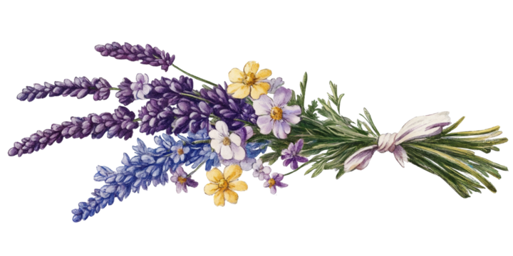botanical illustrative  bouquet, featuring purple lavender and tiny flowers 