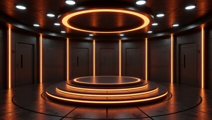 Futuristic circular platform with glowing lights and doors