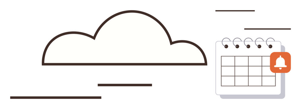 Cloud outline next to a calendar featuring a notification badge, representing synced schedules, data management, and timely reminders. Ideal for productivity, planning, teamwork, technology