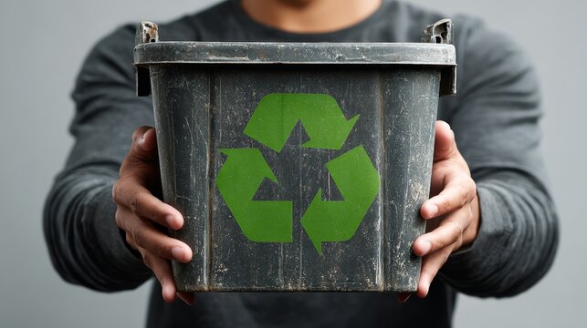 Global businessman's hand holds a digital network icon with a green recycle symbol for eco-friendly business technology