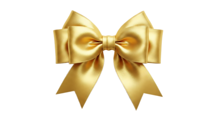 A shiny golden ribbon bow with loops and tails isolated on a black background for decorations