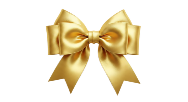 A shiny golden ribbon bow with loops and tails isolated on a black background for decorations