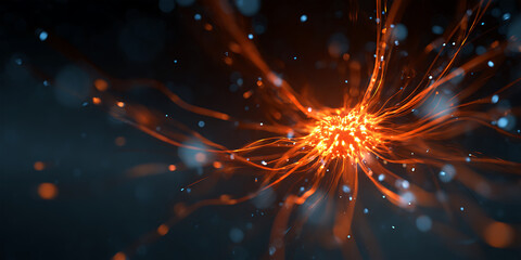 Abstract orange neural energy burst with glowing network tendrils on dark background
