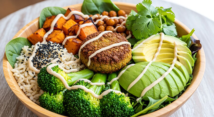 Healthy and delicious Buddha bowl with falafel, sweet potatoes, chickpeas, broccoli, and avocado, seasoned with tahini dressing