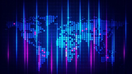 Digital world map with neon pixel grid