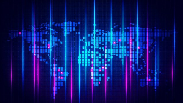 Digital world map with neon pixel grid - Powered by Adobe