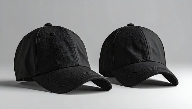 Two identical black baseball caps side by side on neutral gray background, curved brims and structured crowns with visible stitching, showcasing symmetry, texture, and sleek design. - Powered by Adobe