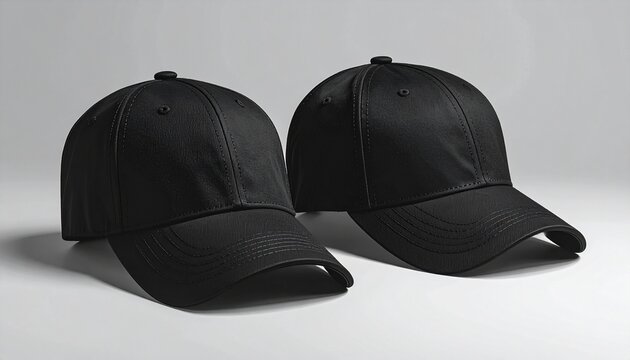 Two identical black baseball caps side by side on neutral gray background, curved brims and structured crowns with visible stitching, showcasing symmetry, texture, and sleek design.