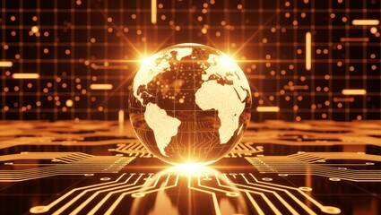 Glowing digital globe on circuit board