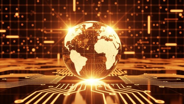 Glowing digital globe on circuit board