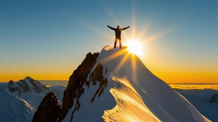 Summit Triumph: A silhouette figure stands atop a snow-covered mountain peak at dawn, arms outstretched in a gesture of triumph against a beautiful sunrise.