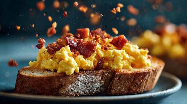 A cinematic side view of toast topped with soft scrambled eggs and bacon crumble, shallow focus
