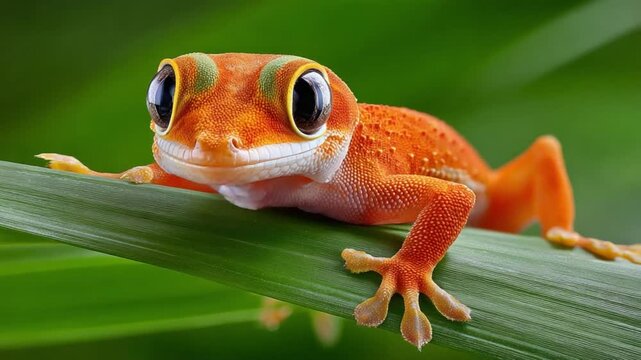 Vibrant Gecko: An exquisite gecko showcases vivid orange hues, perched gracefully on a verdant leaf, capturing the captivating beauty of nature's artistry.