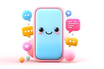 Cute Smartphone Character with Colorful Chat Bubbles and Shapes