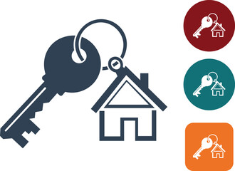 Dark blue house key with house charm on white background and circular icons home real estate