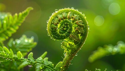 Close-up view of a vibrant fern frond unfurling, covered in tiny water droplets, amidst a blurred green background
