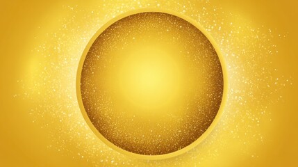 Golden circle with glowing light and shimmering particles on a vibrant yellow background, ideal for design, decoration, and creative projects, bright and cheerful