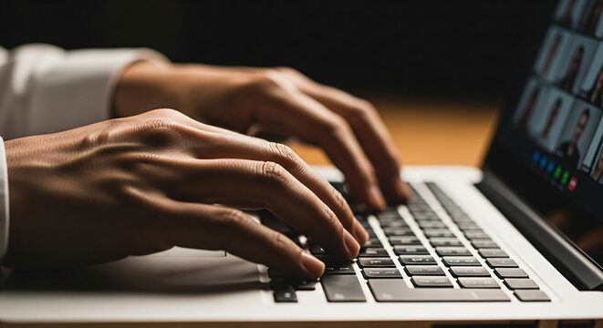 Typing on Laptop During Online Meeting Remote Work Concept