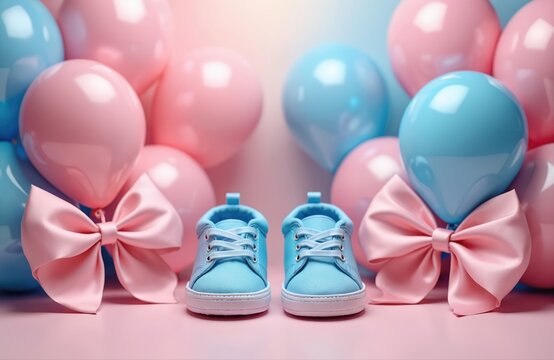 Pair of cute baby blue shoes with pink bows near balloons for baby shower party decoration. Creative concept birth greeting postcard. Newborn celebration design, invitation card, gender reveal party. - Powered by Adobe