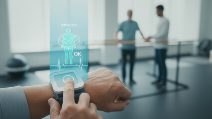 Physical therapy. balance fall prevention seniors wearable monitor smartwatch rehabilitation clinic heart rate posture gait stability confidence