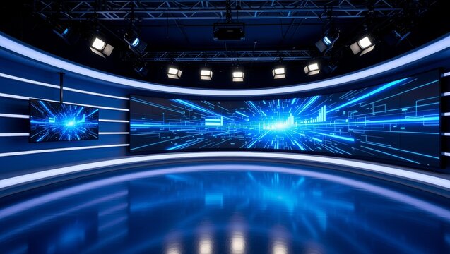 Modern news studio curved digital display screens