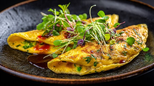 An elegant omelette folded neatly on ceramic plate with microgreens, modern restaurant plating style