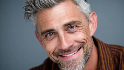 Confident and Mature Man: A close-up portrait of a handsome, mature man with striking grey hair and a warm smile. This image embodies confidence, wisdom, and a welcoming presence.