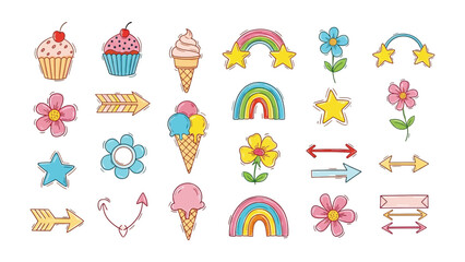 Fototapeta premium Whimsical Assortment of Decorative Elements: An array of colorful illustrations, including cupcakes, ice cream cones, rainbows, flowers, and arrows, creating a cheerful and playful design.