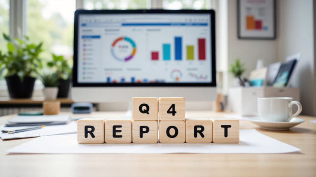 Quarter four performance report scene with Q4 (fourth quarter) results blocks in front of analytics dashboard, ideal for review decks and board updates on company financial performance