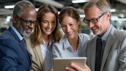 Business Discussion and Collaboration: A group of professionals engage in focused conversation, sharing ideas and collaborating over a digital tablet. - Powered by Adobe