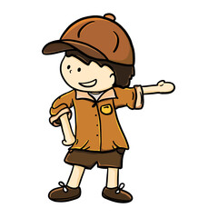 Cartoon tour guide showing direction hand illustration