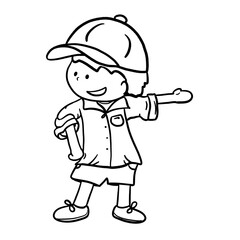Cartoon tour guide showing direction hand outline illustration