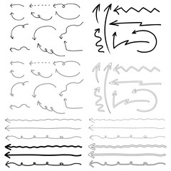 ラフな線画の方向指示と強調アイコン・手書き風の様々な形の矢印セット