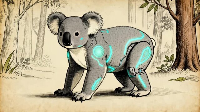 A koala with robotic elements, glowing neon blue lines, depicted from the rear, in a sketched forest setting