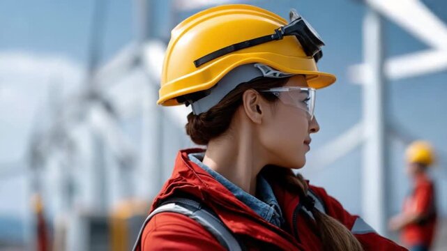 Focused Engineer at Work: A determined engineer, clad in protective gear, gazes with intent at the horizon, embodying dedication in the industrial sector.