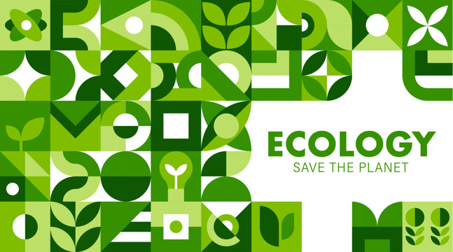 Modern ecology background with abstract green pattern of vector leaves, sprouts and organic nature shapes. Sustainability, ecology and environment protection, save the planet modern geometric poster