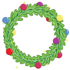 A festive Christmas wreath adorned with colorful ornaments, perfect for holiday , for card or decorated presentation