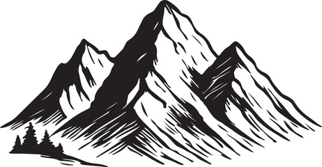  a mountain range with snow capped peaks and a small group of trees at the base facing left created white background