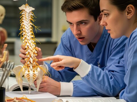 Two medical students in blue scrubs examine a detailed spine and nerve anatomical model, pointing out specific structures during a focused study session. - Powered by Adobe