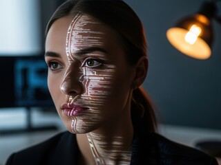 Close-up portrait of a woman with glowing white code projected onto her face in a dark office setting, representing technology and digital identity.