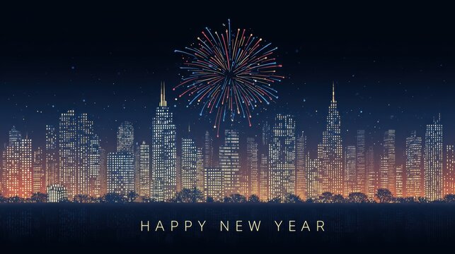 New Year's Eve celebration with fireworks over a city skyline at night