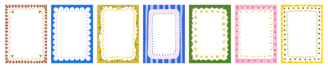 Modern abstract frames in doodle style. Decorative rectangle backgrounds, vertical borders, decorations for picture with wavy line, star pattern. Flat vector illustrations isolated on white background © Good Studio
