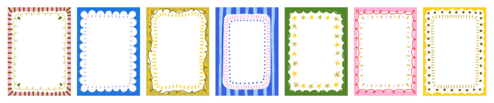 Modern abstract frames in doodle style. Decorative rectangle backgrounds, vertical borders, decorations for picture with wavy line, star pattern. Flat vector illustrations isolated on white background