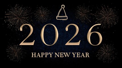 Happy New Year 2026 greeting with fireworks and a festive hat