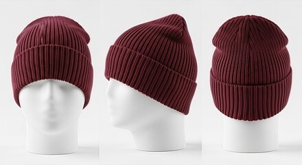 Maroon ribbed knit beanie hat shown from multiple angles on a mannequin head.