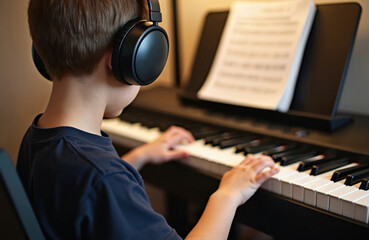 Boy in headphones practices piano at home. Young pianist learns song from notes. Kid plays music instrument. Schoolboy studies melody. Child focused on piano lesson. Creative hobby for kid.