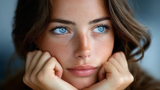 Vivid Eyes and Thoughtful Gaze: Captivating close-up portrait of a woman with strikingly blue eyes, a contemplative expression, her hands cradling her face, reflecting serenity and introspection.