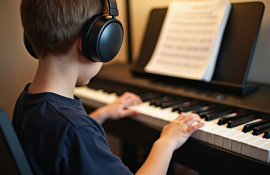 Boy in headphones practices piano at home. Young pianist learns song from notes. Kid plays music instrument. Schoolboy studies melody. Child focused on piano lesson. Creative hobby for kid.