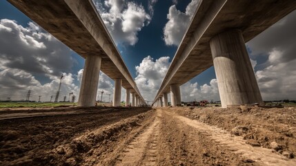 Expansive View of Bridge Pillars Underneath a Massive Overpass with Dramatic Clouds and Earthy Ground in the Background
